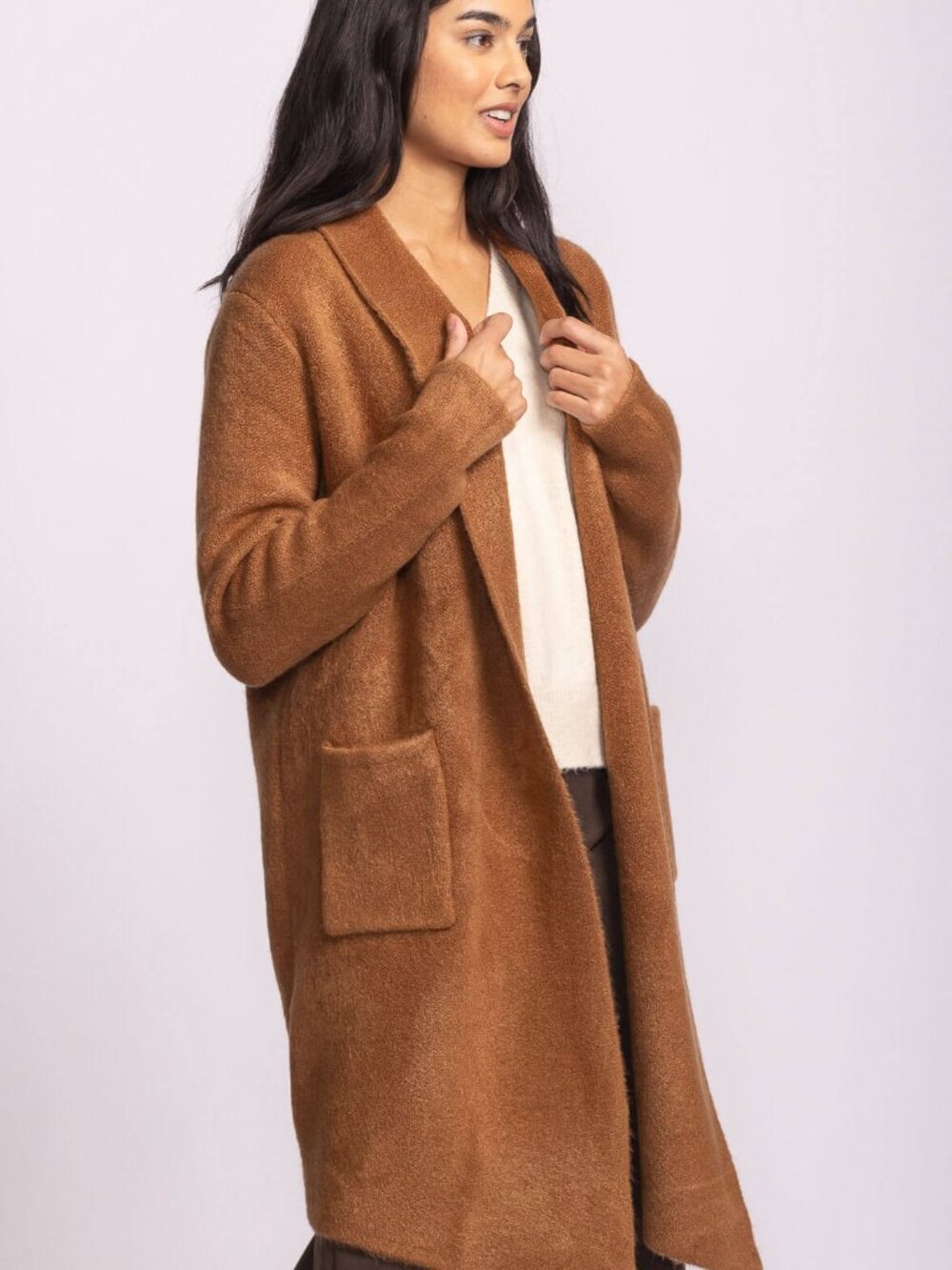 Pink Martini Stockport Camel open front Wool mix Coat (Aritzia copycat)
